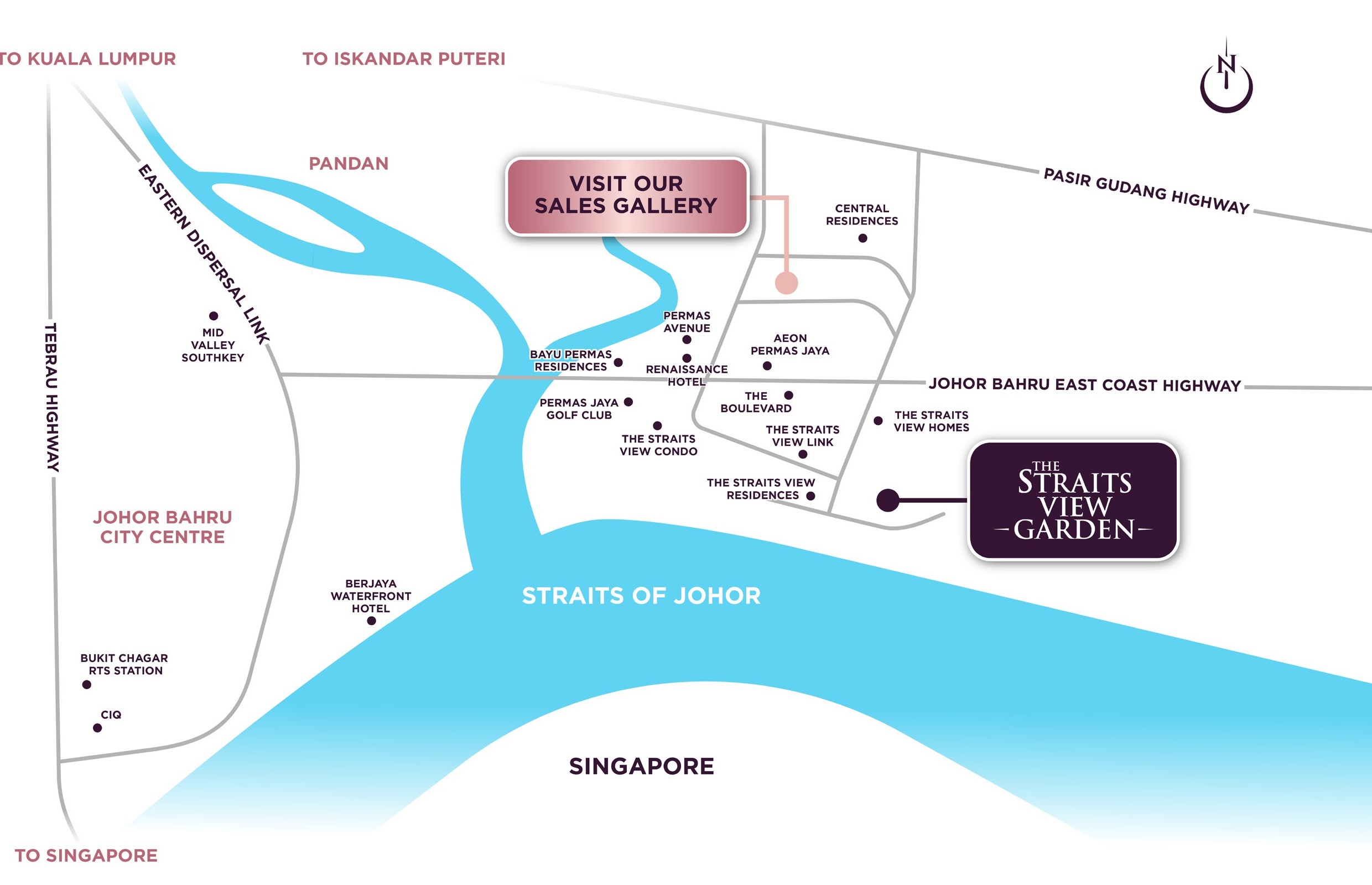 Map showing The Straits View Garden in Permas Jaya and surrounding connections